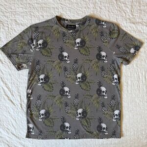 Coastal Mens T-Shirt Large Gray Skull Pineapple Tropical Print Short Sleeve
